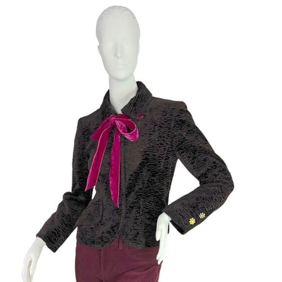Nanette Lepore Chocolate Brown Crushed Velvet Cropped Evening Jacket Pink Bow 2 - Picture 2 of 14